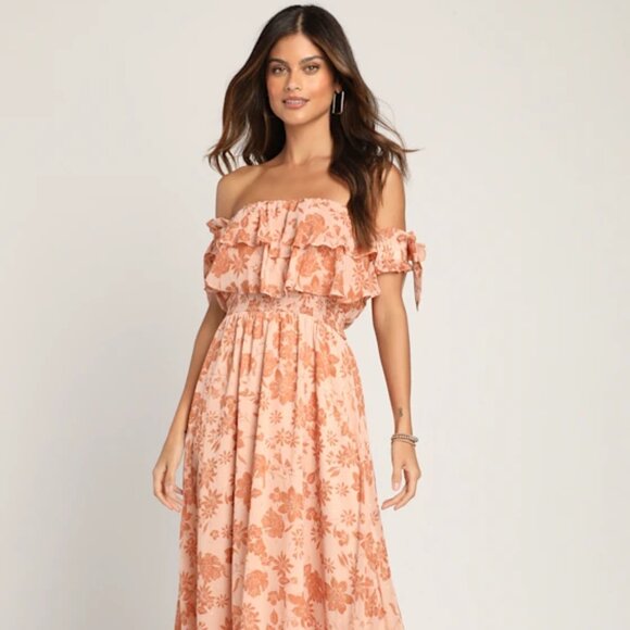 Lulus Love and Blooms Blush Floral Print Off-the-Shoulder Dress - Picture 1 of 8